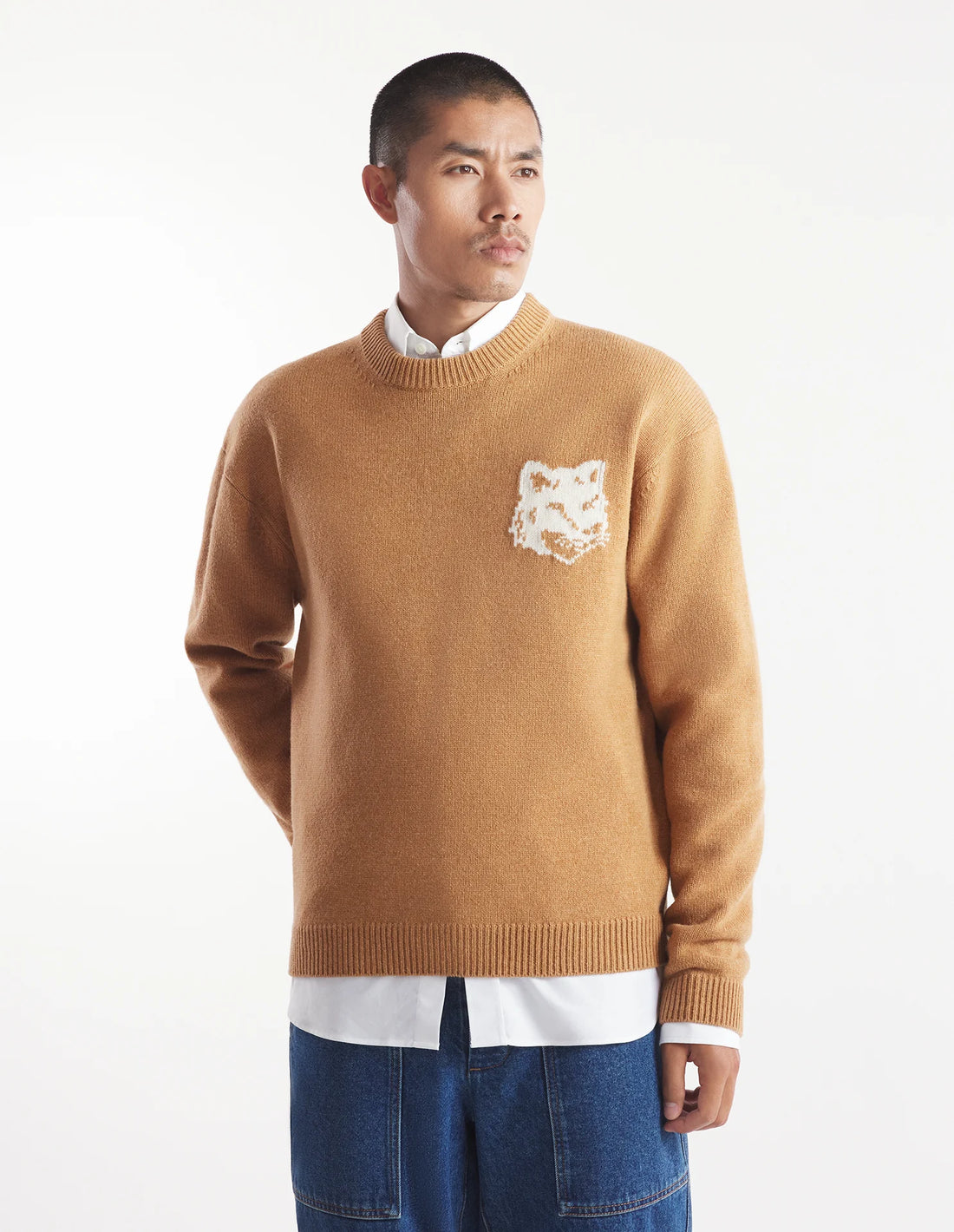 [MAISON KITSUNE]FOX HEAD INTARSIA STRIPED COMFORT JUMPER/BROWN(NM00808KM0329)